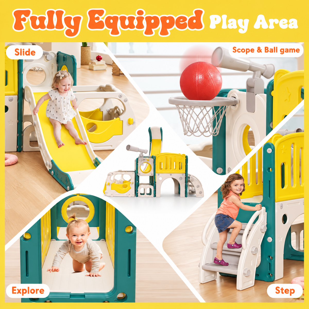 Bus-Themed Toddler Slide & Climber Playset with Basketball Hoop