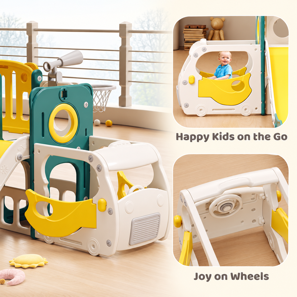 Bus-Themed Toddler Slide & Climber Playset with Basketball Hoop