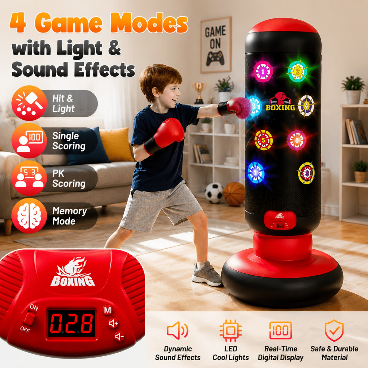 Interactive Kids Punching Bag with Scoring, Lights & Music