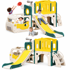 Bus-Themed Toddler Slide & Climber Playset with Basketball Hoop