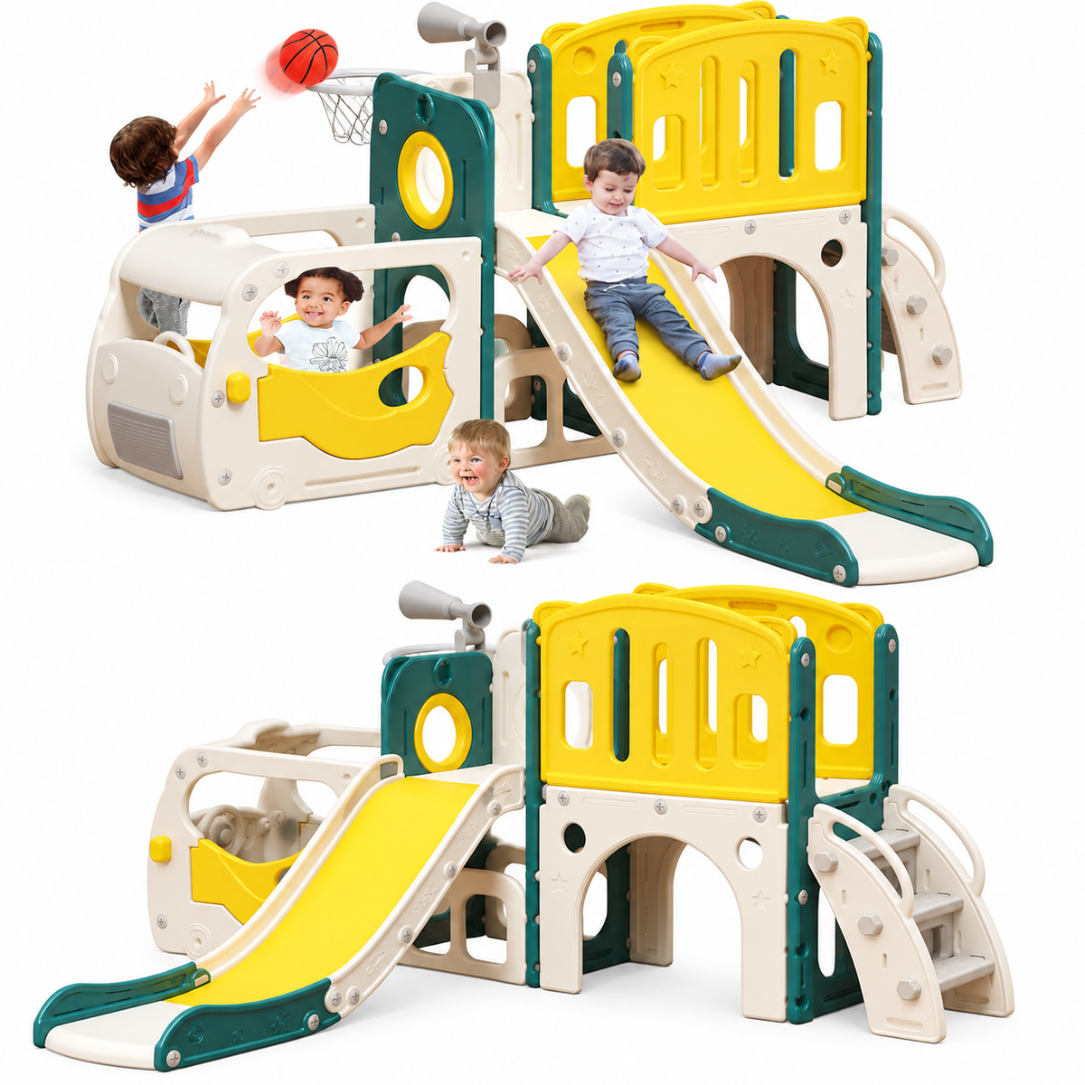 Bus-Themed Toddler Slide & Climber Playset with Basketball Hoop