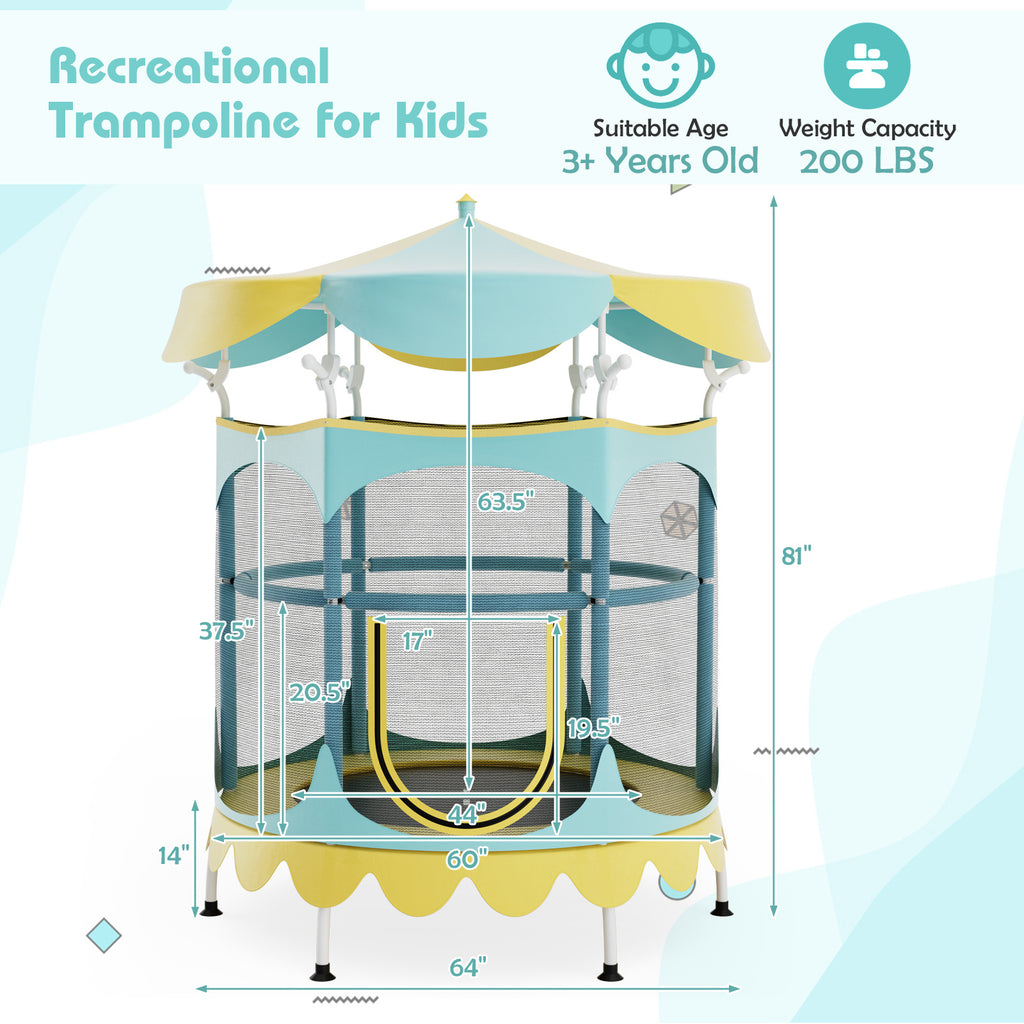 60" Kids Trampoline with Safety Net & Detachable Shade