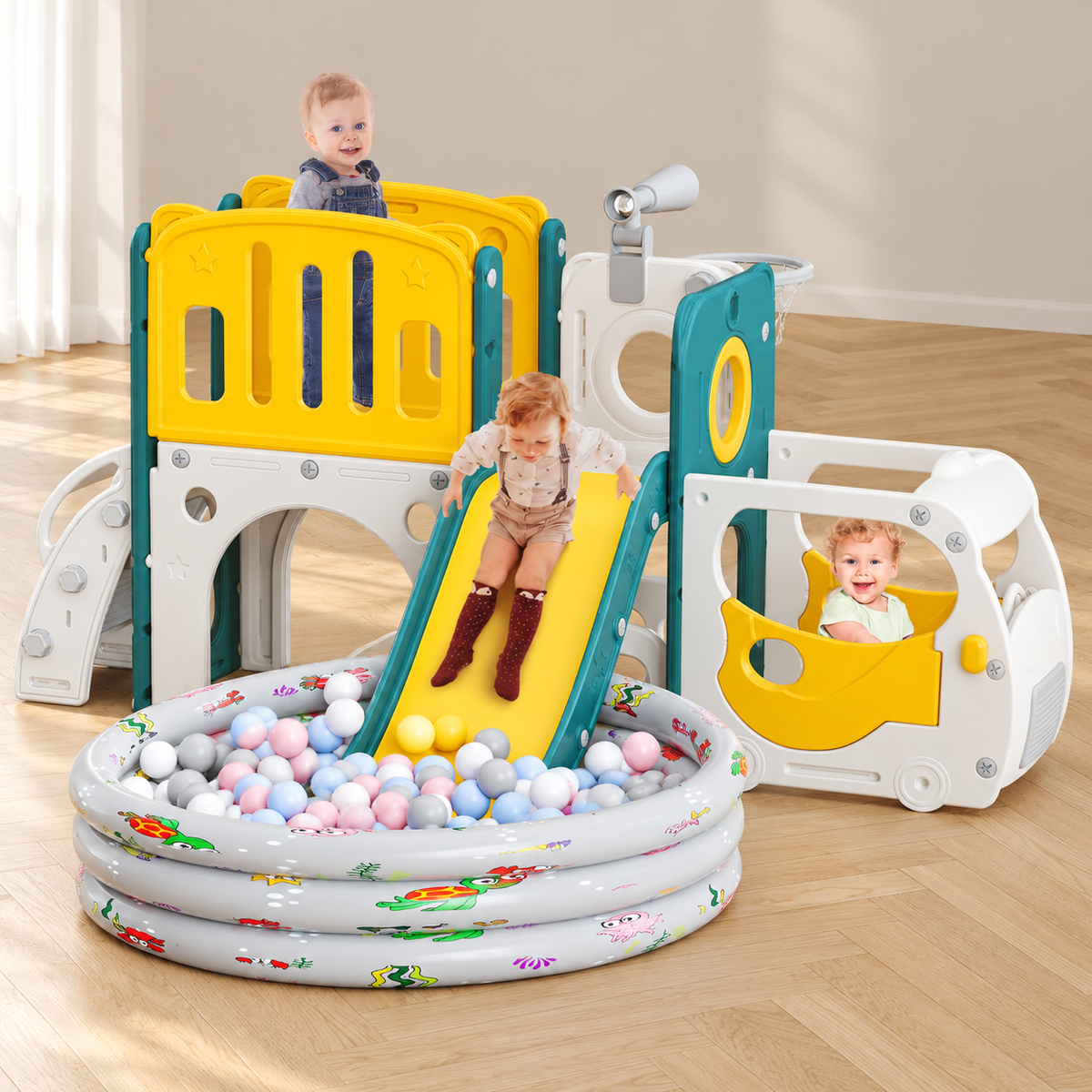 Bus-Themed Toddler Slide & Climber Playset with Basketball Hoop
