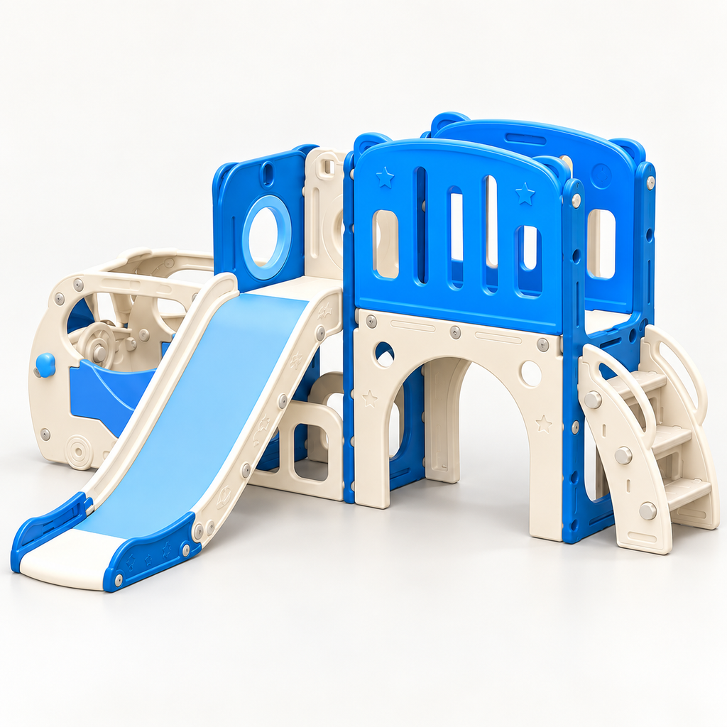 Bus-Themed Toddler Slide & Climber Playset with Basketball Hoop