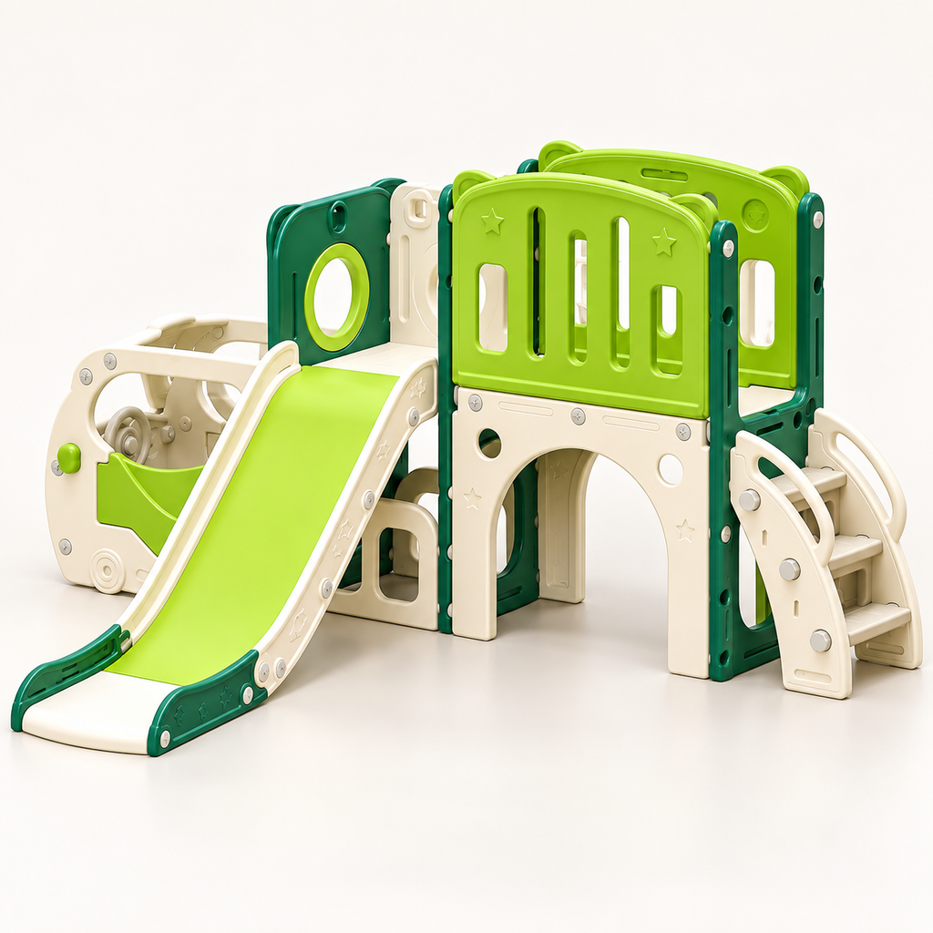 Bus-Themed Toddler Slide & Climber Playset with Basketball Hoop