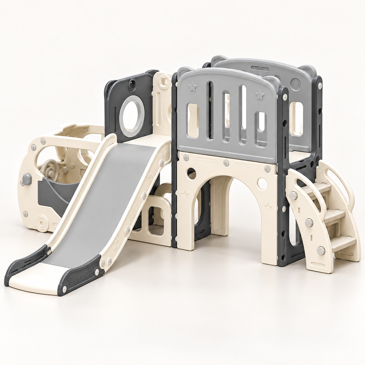 Bus-Themed Toddler Slide & Climber Playset with Basketball Hoop