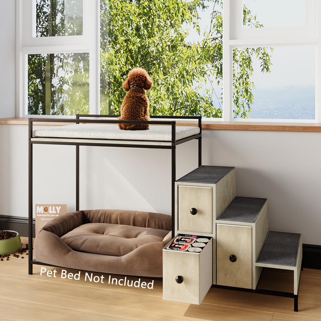 Multi-Level Pet Window Perch with Stairs & 3 Storage Drawers – Cozy Cat & Dog Bunk Bed