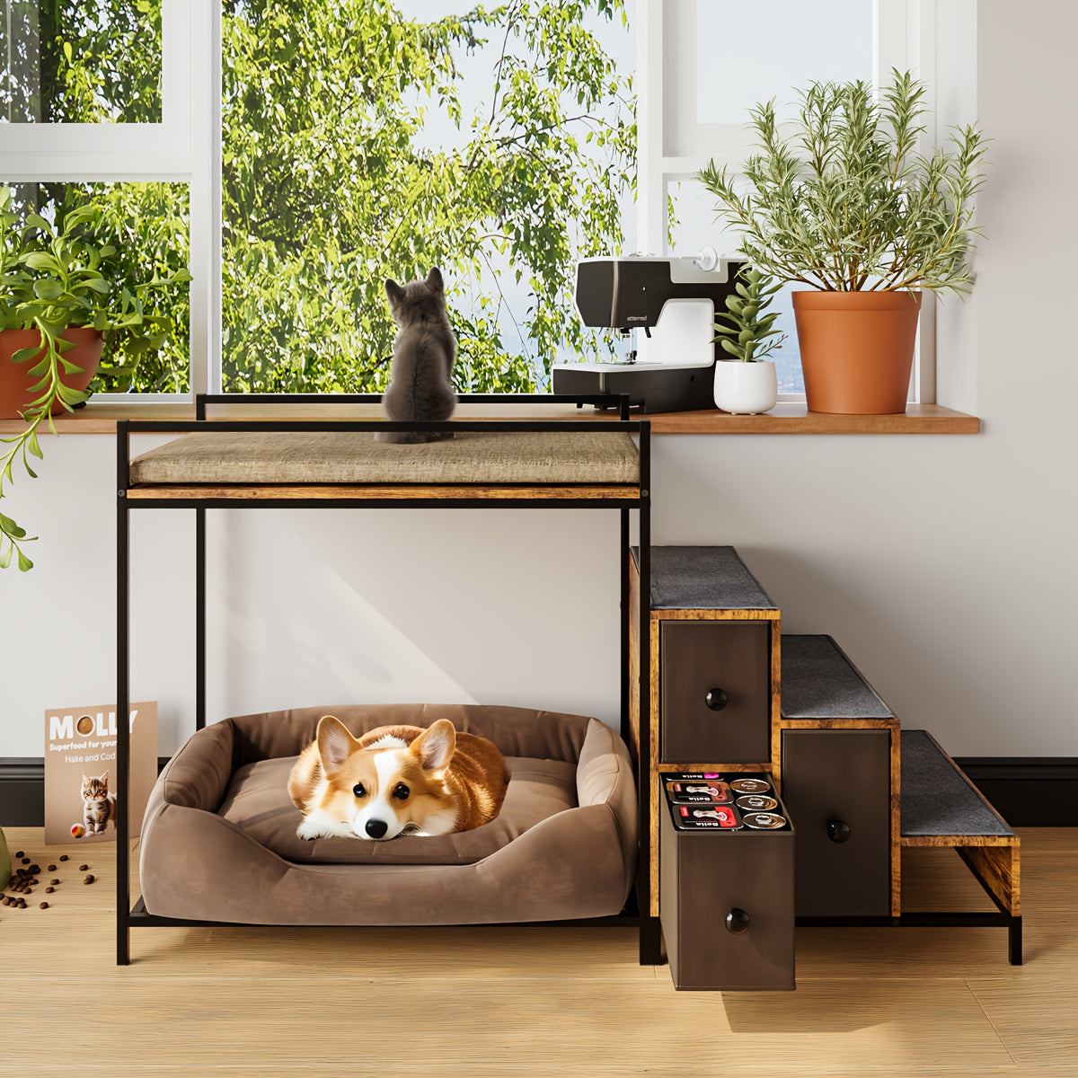 Multi-Level Pet Window Perch with Stairs & 3 Storage Drawers – Cozy Cat & Dog Bunk Bed