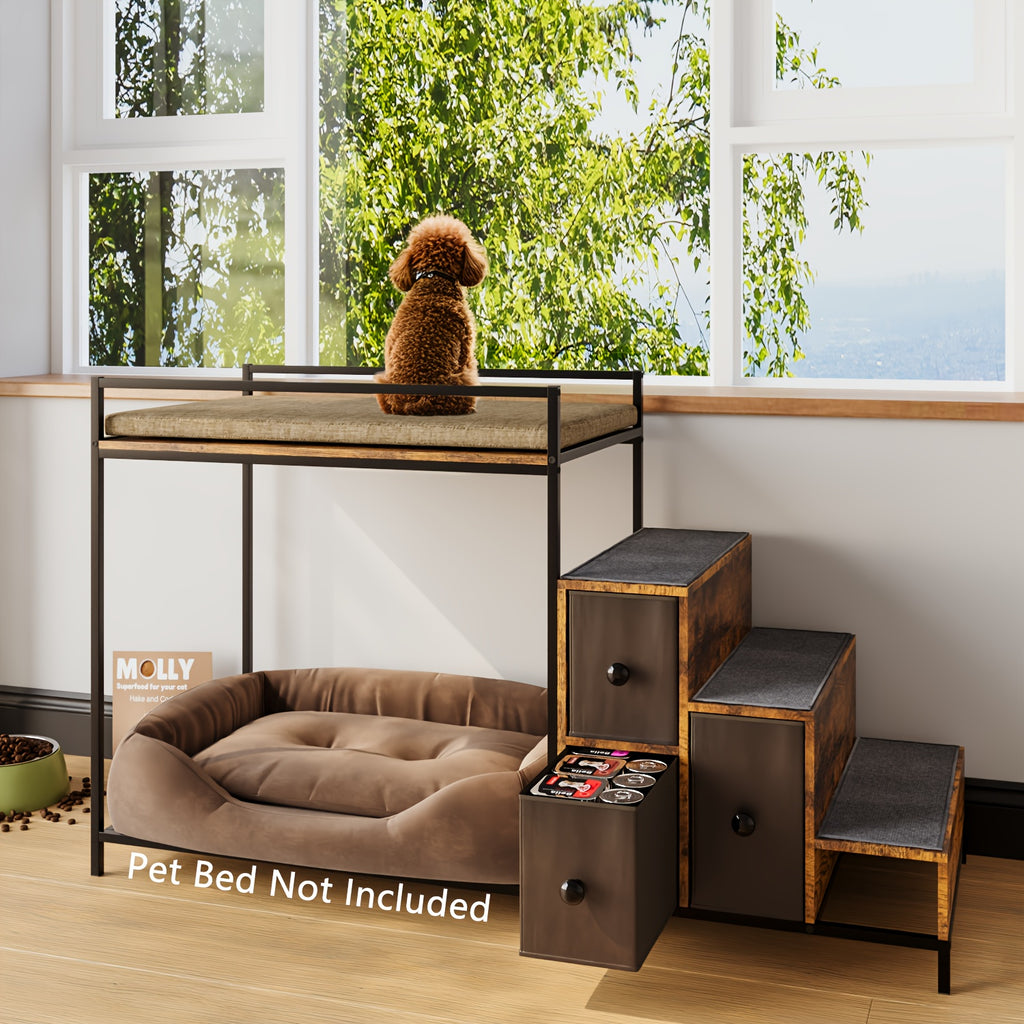 Multi-Level Pet Window Perch with Stairs & 3 Storage Drawers – Cozy Cat & Dog Bunk Bed