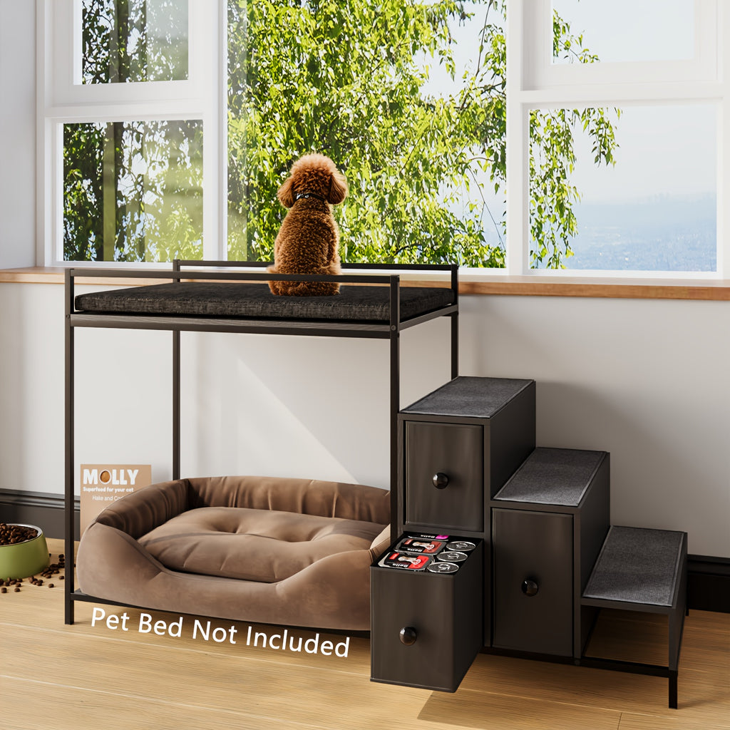 Multi-Level Pet Window Perch with Stairs & 3 Storage Drawers – Cozy Cat & Dog Bunk Bed